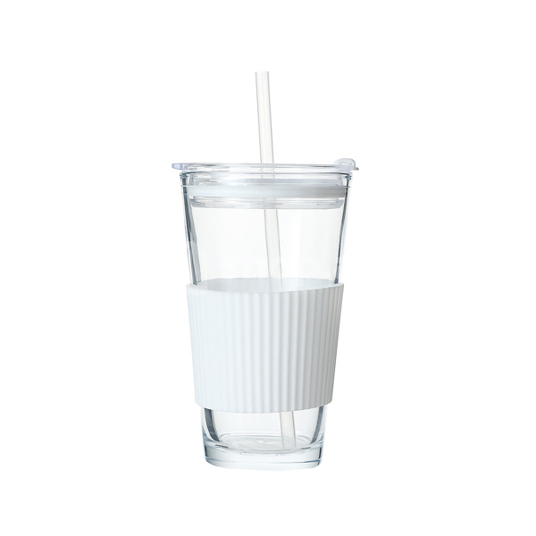 Maye qabı Miniso Glass with Straw and Silicone Protective Sleeve - 460mL(White)