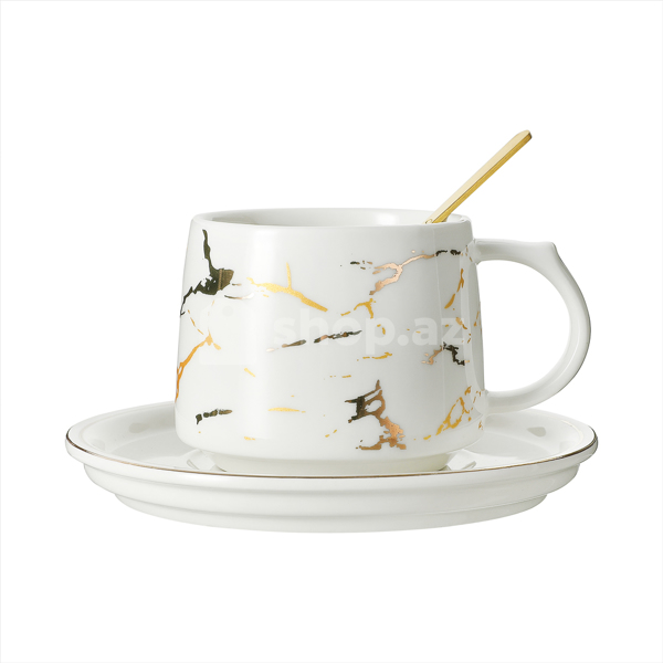 Fincan Miniso Marble Ceramic Coffee with Coaster   Spoon. 215mL (White)