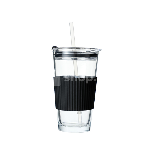 Maye qabı Miniso Glasswith Straw and Silicone Protective Sleeve - 460mL(Black)
