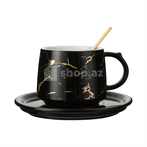 Fincan Miniso Marble Ceramic Coffee Coaster  Spoon 215mL (Black)