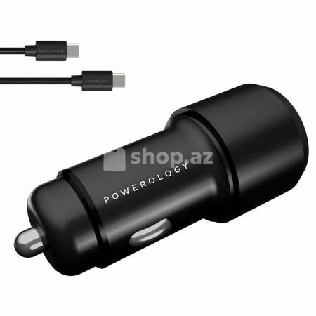  Avtomobil adapteri Powerology Aluminum USB + PD 36W+ Type-C Cable 0.9M Black