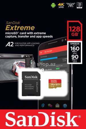 Yaddaş kartı Micro SDXC SanDisk Extreme 128GB + SD Adapter + Rescue Pro Deluxe 160MB/s A2 C10 V30 UHS-I U4
